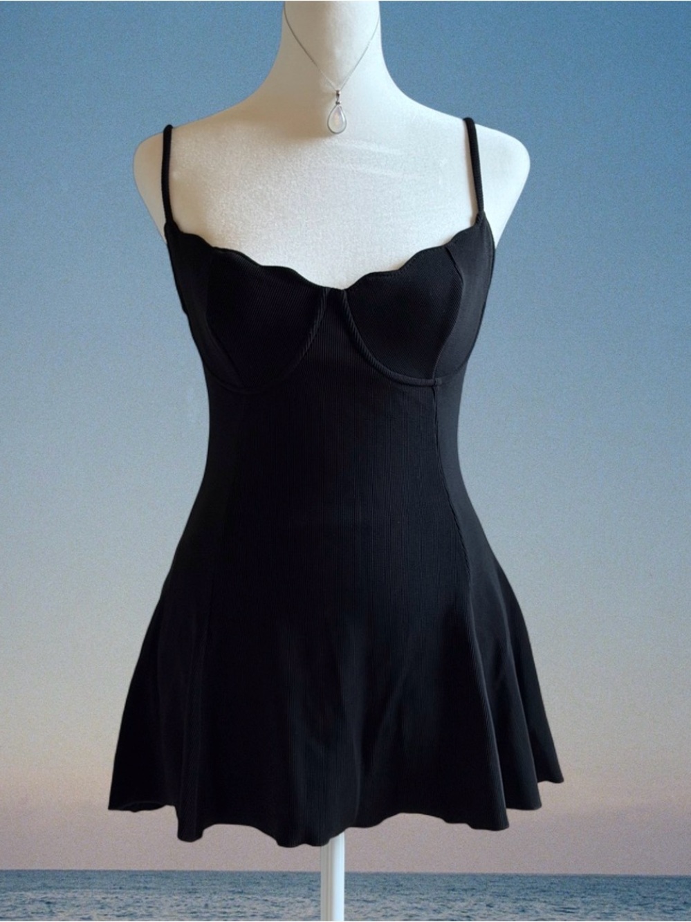 Black Scallop Sweetheart Swim Dress
